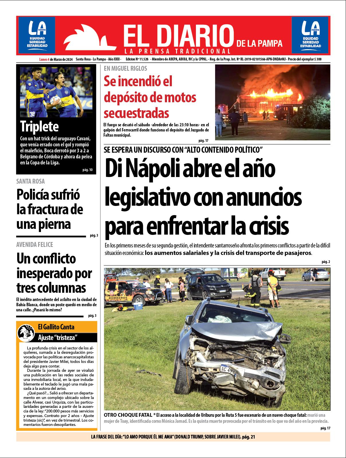 Tapa de El Diario en papel  lunes 04 de marzo de 2024